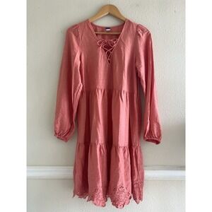 Old Navy Tiered Lace-Up Mini Swing Dress Coral Eyelet Medium Boho Chic Feminine